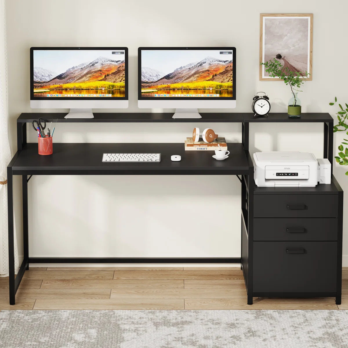 Furnishiaa Solid Sheesham Wood Computer Desk with Drawers and Hutch